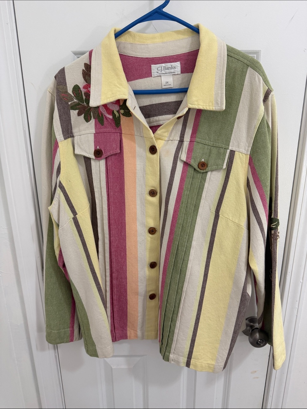 CJ Banks Multicolor Striped Button-Down Shirt Jacket - Yellow, Pink, Green